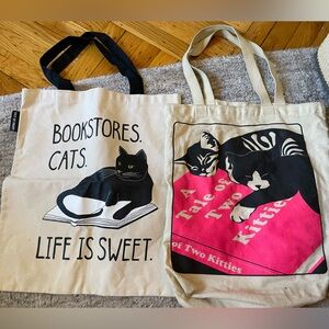 Two literary cat tote bags